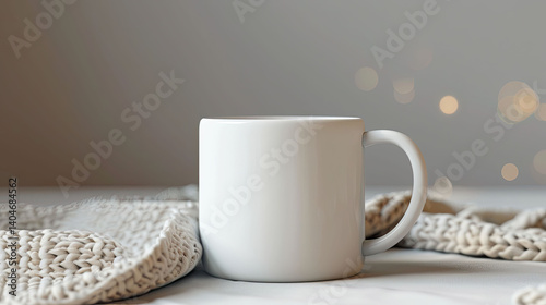 Close-up of White Mug on Knitted Blanket. Cozy mockup