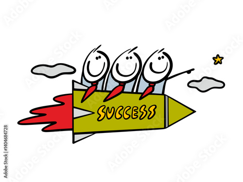 Doodle dream team strives for joint business success. Vector illustration of successful businessmen flying in a rocket to a star. Cartoon people isolated on white background.