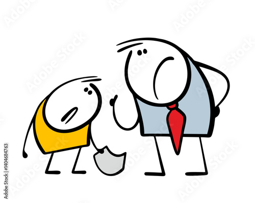 Strict teacher educates a delinquent student. Vector illustration of a father teaching his son, forcing him to do his homework. Cartoon people isolated on white background.