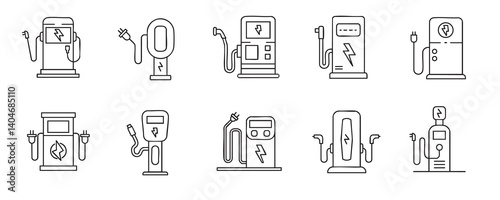 Charging station icons set. Set of 10 different charging stations for electric cars. editable stroke outline icon collection