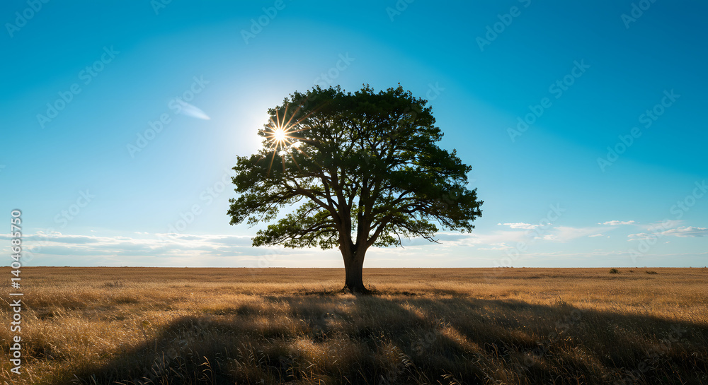 Fototapeta premium Lone Tree Stands in Golden Field with Sun Shining Through Branches under Bright Blue Sky