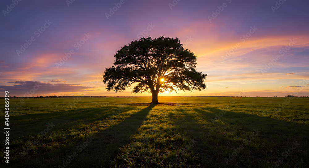 Obraz premium Sunset Tree Silhouette over Green Field with Dramatic Sky Scenery Light