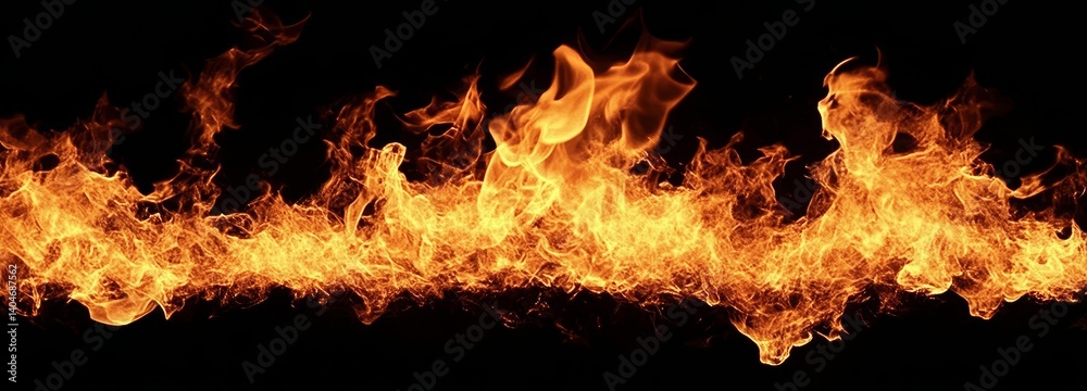 Horizontal Wall of Fire Fiery Orange Flames on Black Background, Burning Texture, Inferno Concept fire texture, flame background Horizontal Wall of Fire Fiery Orange Flames on Black Background, Burning Texture, Inferno Concept fire texture, flame background