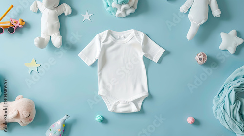 Baby white body suit on blue background with toys around. Cozy mockup, flat lay, top view