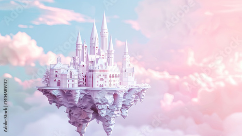 Paper cut fairy castle on floating island surrounded by fluffy clouds. Fairytale pastel sky and multi-layered depth