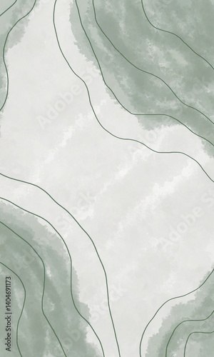 Watercolor pastel green background with curved lines - waves.