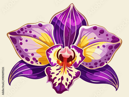 A professional vector of an exotic purple orchid flower with spotted petals, placed on a soft cream background, artistic and refined design