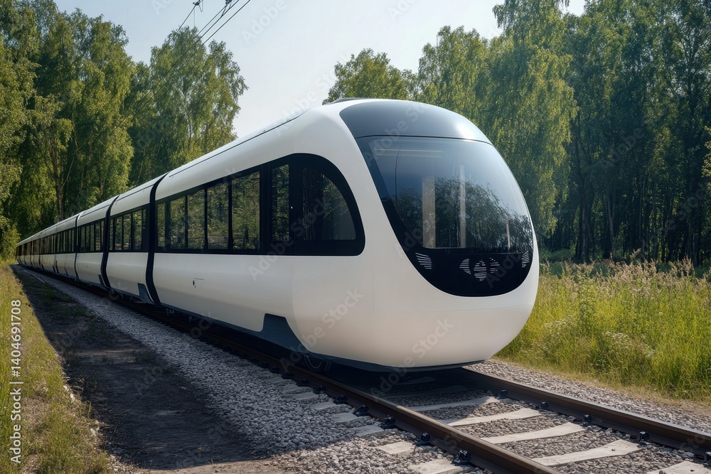 Naklejka premium Modern train on railway tracks surrounded by lush greenery in daytime