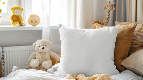 White pillow in kids room. Mockup cute and cozy photo