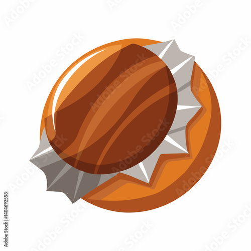 A chocolate ball wrapped in a shiny white wrapper, resting on a smooth surface.