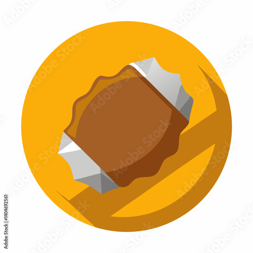 A chocolate ball wrapped in a shiny white wrapper, resting on a smooth surface.