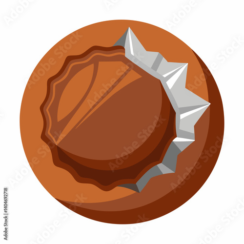 A chocolate ball wrapped in a shiny white wrapper, resting on a smooth surface.