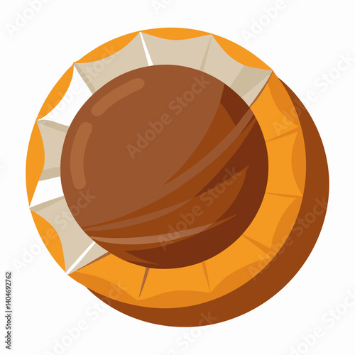 A chocolate ball wrapped in a shiny white wrapper, resting on a smooth surface.