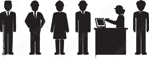 Simple, stylized silhouettes of various professions, including doctor, lawyer, engineer, military, and receptionist, are arranged in a horizontal row against a clean white backdrop.