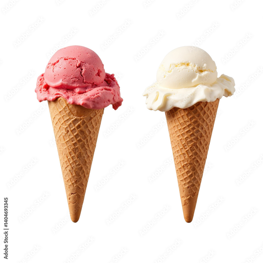 Two delicious ice cream cones with strawberry and vanilla flavors. Two delicious ice cream cones with strawberry and vanilla flavors.