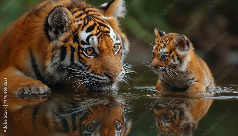 Obraz premium Siberian Tiger Cub and Mother Reflection in Water