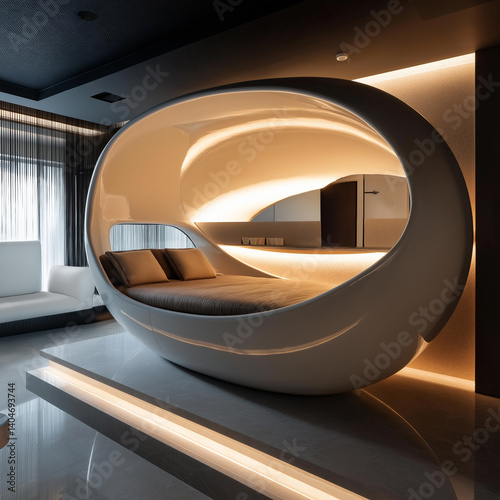 giant egg-shaped bath pod in a sleek modern suite with soft ambient music.