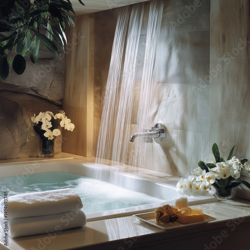 hotel bathtub with a private waterfall wall and fresh orchids on the side