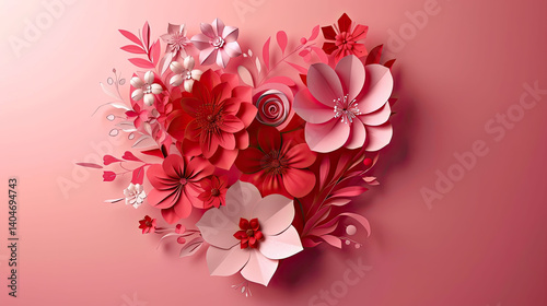 Romantic Valentine's Day paper cut heart with floral details, 3D layered effect