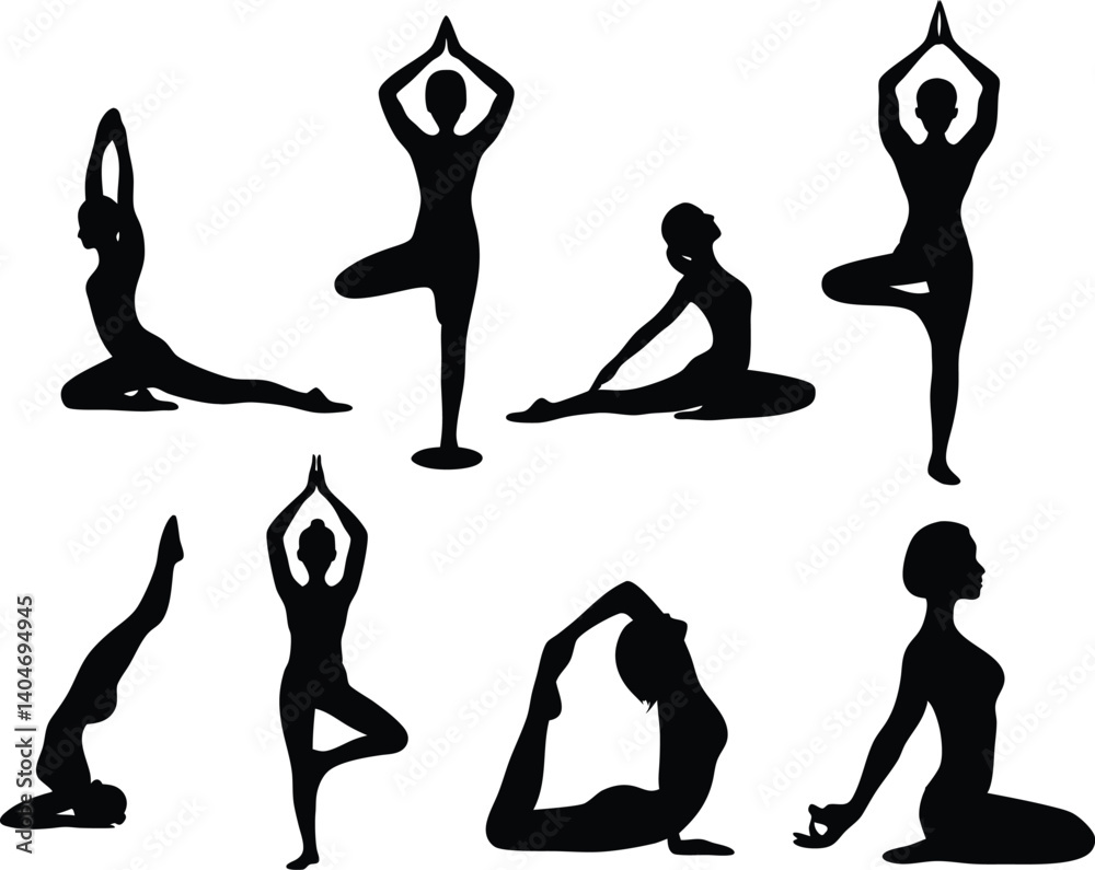 Fototapeta premium Yoga Pose Silhouette Vector Set for Fitness, Meditation, and Wellness Designs