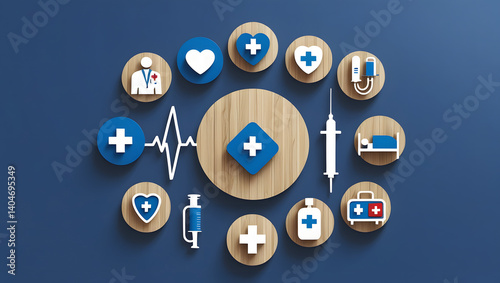 Minimalist Medical Icons: Clean Healthcare Infographics with Wooden Circles & Blue Background