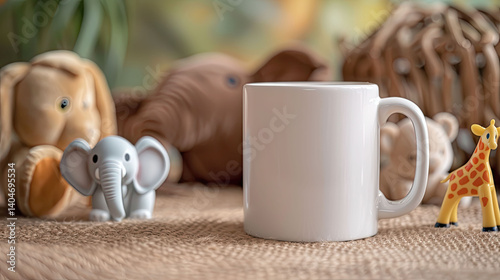 Baby white mug among african animal toys around. Cozy mockup