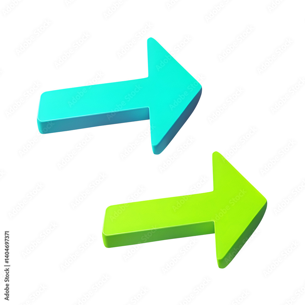 3d plastic render of blue arrow and green arrow pointing right isolated on transparent background, PNG arrows cut out