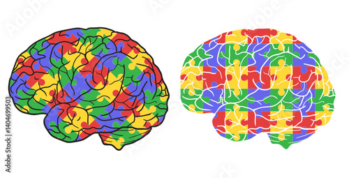 Vector set of brains autism isolated from background. Collection of brain clip arts with colorful puzzles.