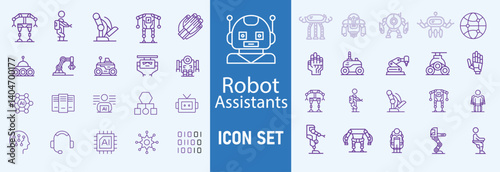 Modern Robot Assistant Icon Set – Futuristic AI Helper Symbols, Smart Robotics Technology Icons Collection for Automation, Machine Learning, Chatbot, and Virtual Support Design

