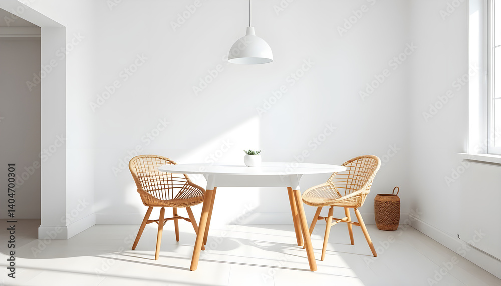 Fototapeta premium Modern dining space with rattan chairs minimalist design bright atmosphere contemporary home