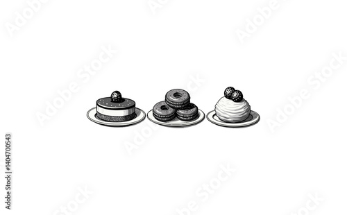 Assortment of sweet desserts including cheesecake, donuts, and crème brûlée, presented on white plates in black and white illustration
