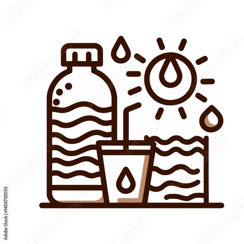 Hydration icon featuring a water bottle, cup, and sun, emphasizing the importance of drinking fluids in heat