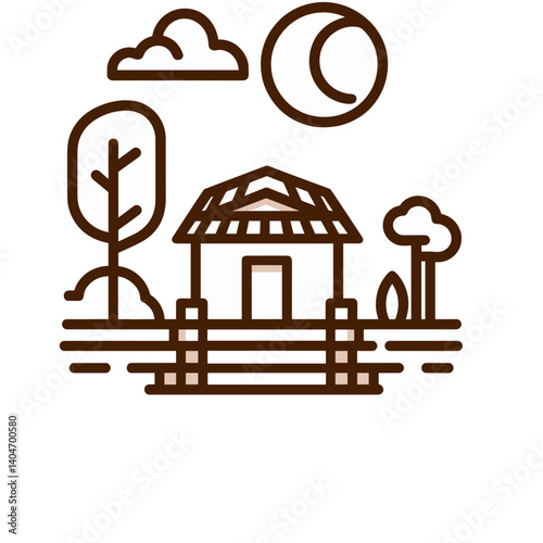 Countryside icon featuring a house, trees, clouds, and moon, simple design for nature and rural living concept