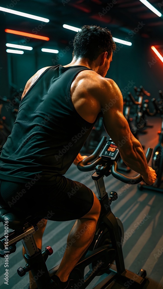 Sweaty sportsman training on a cycling machine in a modern gym, working on leg and back muscles, burning calories, and maintaining fitness for a healthy lifestyle Sweaty sportsman training on a cycling machine in a modern gym, working on leg and back muscles, burning calories, and maintaining fitness for a healthy lifestyle