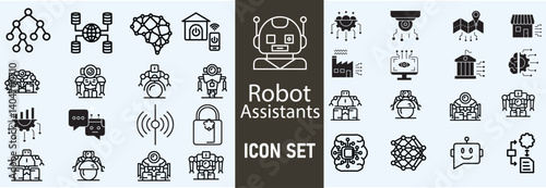 Modern Robot Assistant Icon Set – Futuristic AI Helper Symbols, Smart Robotics Technology Icons Collection for Automation, Machine Learning, Chatbot, and Virtual Support Design

