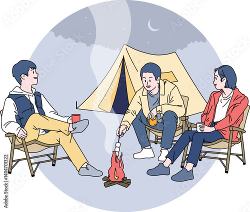 Three friends enjoying a campfire after setting up a tent and sitting on chairs