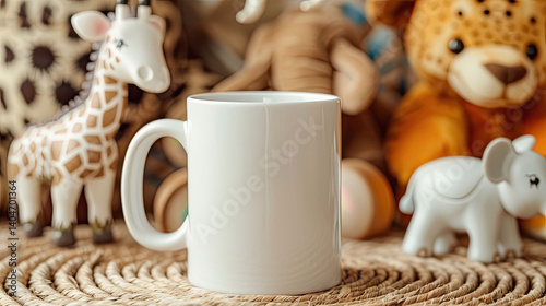 Baby white mug among african animal toys around. Cozy mockup