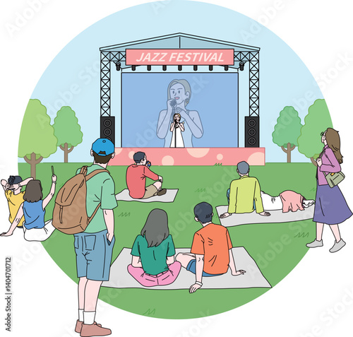 People enjoying a picnic while watching singers singing on stage at a festival venue in a park field
