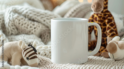 Baby white mug among african animal toys around. Cozy mockup