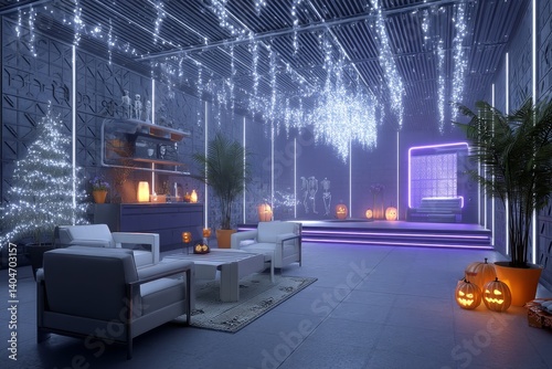 A 3D Halloween party room with floating ghost holograms, digital cauldrons, and dancing skeletons