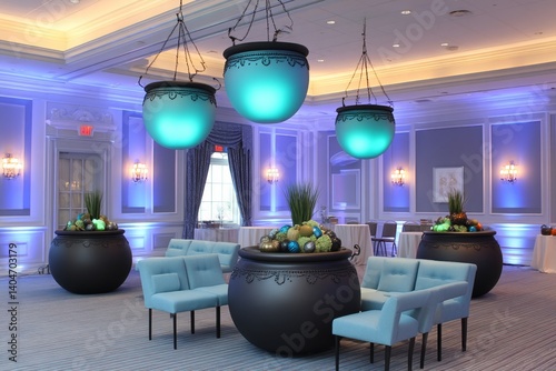 A 3D Halloween party room with floating ghost holograms, digital cauldrons, and dancing skeletons