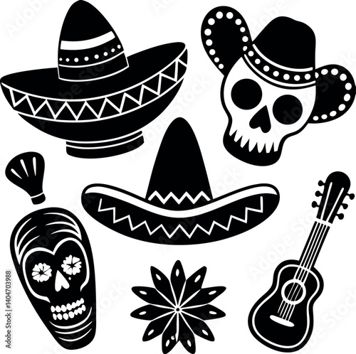 set of cinco de mayo silhouette illustration mexi