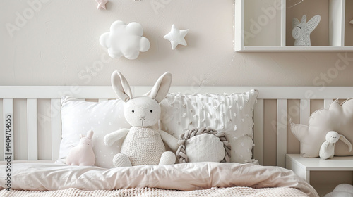 White pillow and toys in kids room. Mockup cute and cozy photo