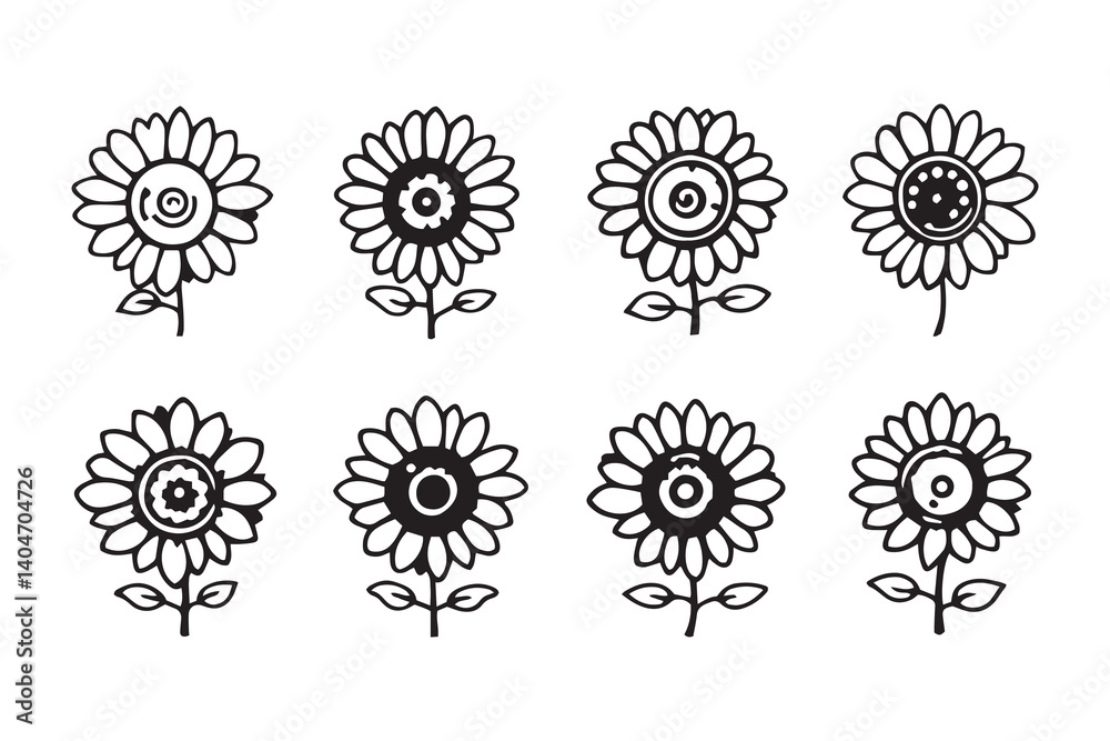 Set of 6 pec in two row Sunflower black line art on white background Set of 6 pec in two row Sunflower black line art on white background