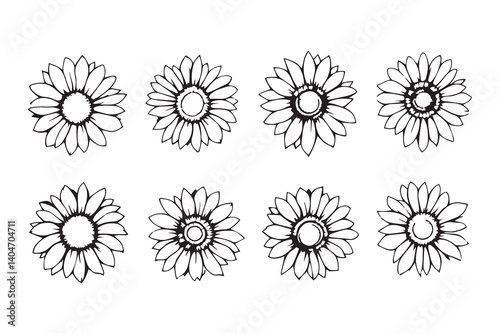 Set of 6 pec in two row  Sunflower black line art on white background