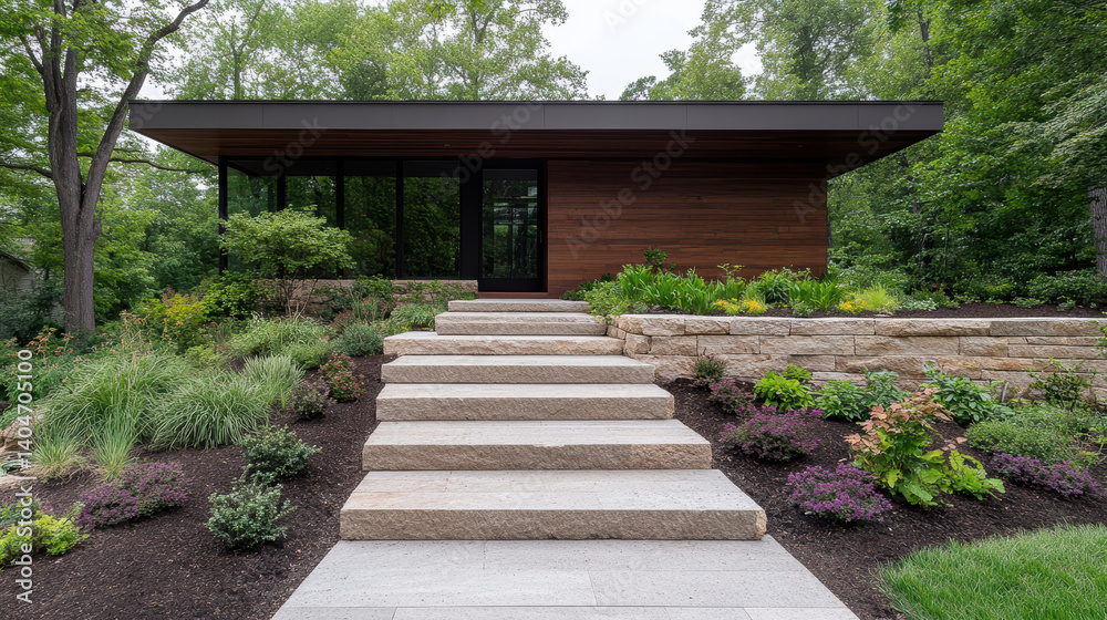 Modern house with stone steps leading to wooden facade, surrounded by lush greenery Modern house with stone steps leading to wooden facade, surrounded by lush greenery