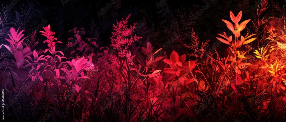 Vibrant foliage with pink and red hues illuminated against a dark background, creating a surreal atmosphere Vibrant foliage with pink and red hues illuminated against a dark background, creating a surreal atmosphere