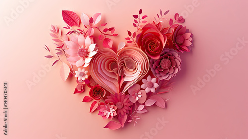 Romantic Valentine's Day paper cut heart with floral details, 3D layered effect