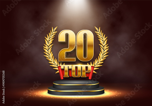 Top 20 award poster. Presentation 20 best on podium with golden laurel wreath. Vector illustration.