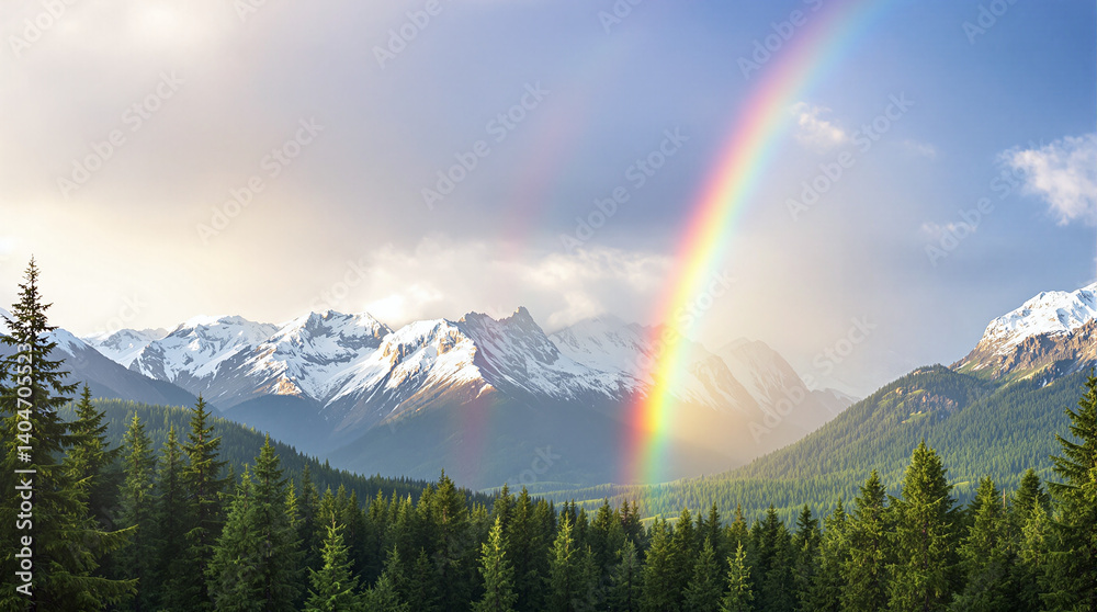 Stunning view of a bright rainbow over a spruce forest against the background of snow-capped mountains Stunning view of a bright rainbow over a spruce forest against the background of snow-capped mountains